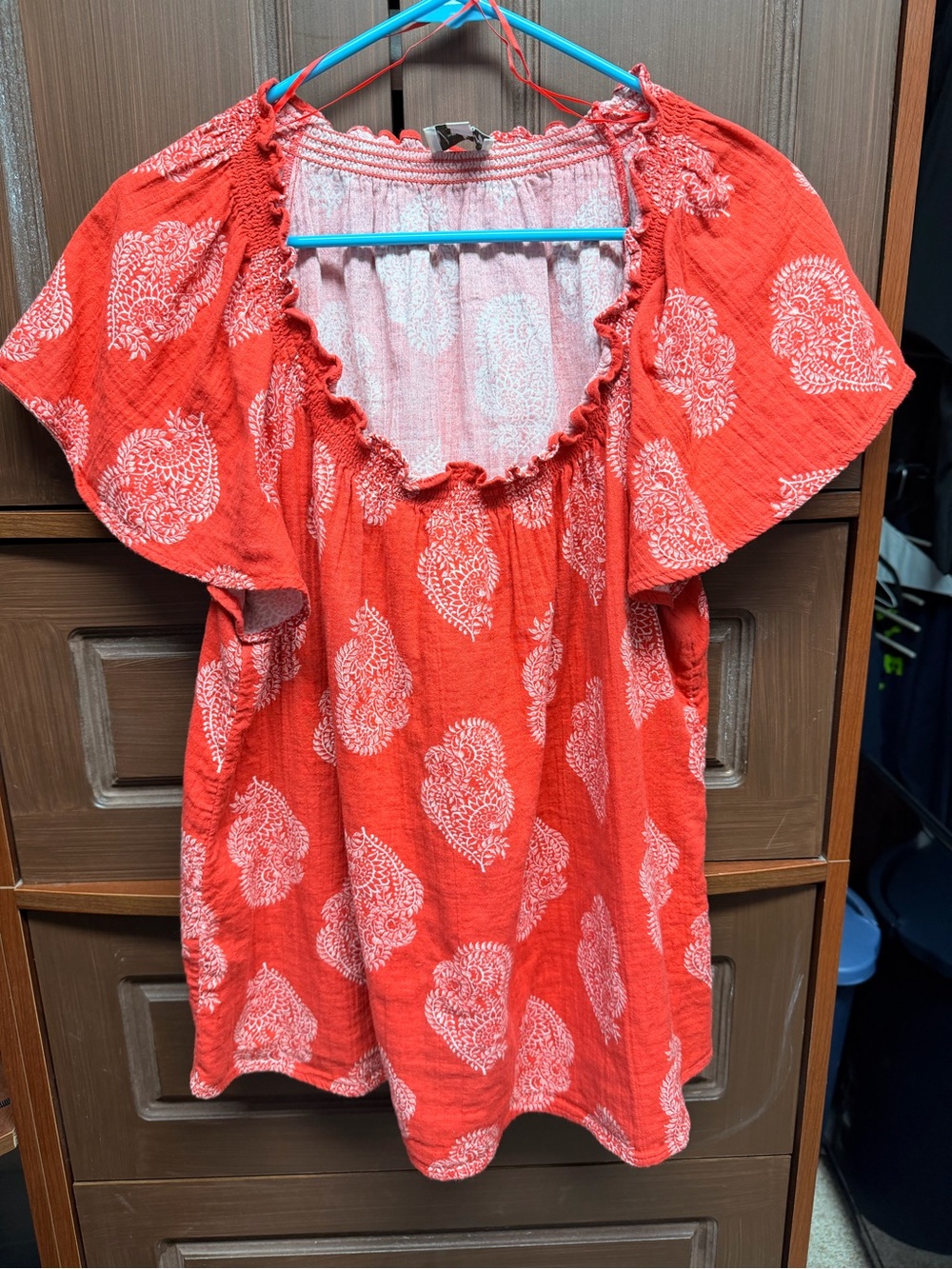 Wonderly Coral Red Printed Flutter Sleeve Tunic Top